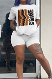 White Casual Polyester Letter Short Sleeve Round Neck Tee Top Shorts Sets LY5834