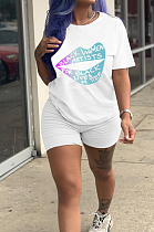White Casual Polyester Mouth Graphic Short Sleeve Round Neck Tee Top Shorts Sets LY5840