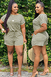 Black Casual Polyester Striped Short Sleeve Round Neck Tee Top Shorts Sets BM7080