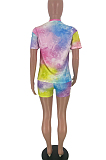 Yellow Casual Polyester Tie Dye Letter Short Sleeve Round Neck Ripped Tee Top Shorts Sets WJ5096