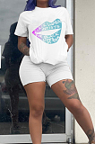 White Casual Polyester Mouth Graphic Short Sleeve Round Neck Tee Top Shorts Sets LY5840
