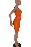 Orange Casual Polyester Mouth Graphic Sleeveless Scoop Neck Ripped Tank Top High Waist Shorts Sets WJ5094