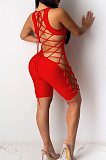 Red Sexy Polyester Sleeveless Self Belted Tank Jumpsuit WJ5097