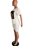 White Casual Polyester Figure Graphic Short Sleeve Round Neck Tee Top Shorts Sets HM5317