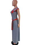 Red Casual Cotton Striped Sleeveless Round Neck Waist Tie Long Dress HM5322