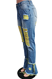 Light Blue Yellow Casual Polyester Tassel Hem Ripped Mid Waist Flare Leg Pants HM5323