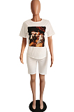 White Casual Polyester Figure Graphic Short Sleeve Round Neck Tee Top Shorts Sets HM5317