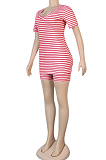 Red Casual Cotton Striped Short Sleeve V Neck Tee Top Shorts Sets K8914