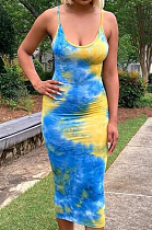 Blue Sexy Polyester Tie Dye Sleeveless Halterneck Slip Dress YX9220