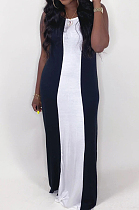 Black White Casual Polyester Sleeveless Round Neck Contrast Color Long Dress  YT3227
