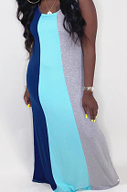 Blue Casual Polyester Sleeveless Round Neck Contrast Color Long Dress  YT3227