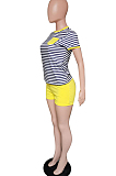 Blue Casual Polyester Striped Short Sleeve Round Neck Tee Top Shorts Sets HM5313