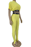 Yellow Casual Polyester Letter Short Sleeve Crop Top Stirrup Leggings  sets DN8507