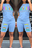 Light Blue Casual Polyester Letter Short Sleeve Round Neck Tee Top Shorts Sets HM5249