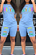 Light Blue Casual Polyester Letter Short Sleeve Round Neck Tee Top Shorts Sets HM5249