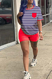 Red Casual Polyester Striped Short Sleeve Round Neck Tee Top Shorts Sets HM5313