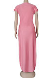 Pink Casual Cotton Short Sleeve V Neck Split Hem High Waist Long Dress K8912