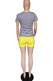 Yellow Casual Polyester Striped Short Sleeve Round Neck Tee Top Shorts Sets HM5313