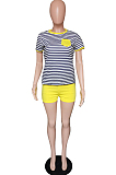 Yellow Casual Polyester Striped Short Sleeve Round Neck Tee Top Shorts Sets HM5313
