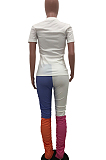 White Casual Polyester Letter Short Sleeve Tee Top Contrast Color Ruffle Sweat Pants Sets YX9216