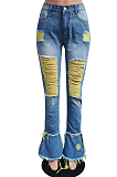 Navy Blue Yellow Casual Polyester Tassel Hem Ripped Mid Waist Flare Leg Pants HM5323