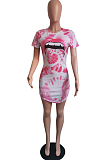 Red Casual Polyester Mouth Graphic Short Sleeve Round Neck Mid Waist Mini Dress HM5327