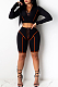 Black Orange Casual Polyester Striped Long Sleeve Utility Blouse Capris Pants Sets SH7184