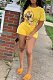 Yellow Casual Polyester Cartoon Graphic Short Sleeve Round Neck Tee Top Shorts Sets YSS8006