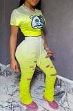 Yellow Casual Polyester Cartoon Graphic Short Sleeve Round Neck Waist Tie Ruffle Long Pants Sets T3421