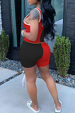 Red Black Casual Polyester Sleeveless Round Neck Tank Top Shorts Sets SH7186
