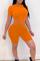 Orange Casual Polyester Short Sleeve Round Neck Backless Hollow Out Tee Top Shorts Sets HM5315