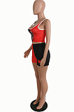 Red Black Casual Polyester Sleeveless Round Neck Tank Top Shorts Sets SH7186