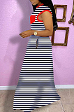 Red Casual Cotton Striped Sleeveless Round Neck Waist Tie Long Dress HM5322