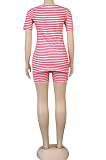 Red Casual Cotton Striped Short Sleeve V Neck Tee Top Shorts Sets K8914