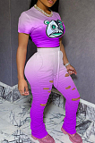 Purple Casual Polyester Cartoon Graphic Short Sleeve Round Neck Waist Tie Ruffle Long Pants Sets T3421