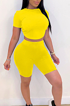 Yellow Casual Polyester Short Sleeve Round Neck Backless Hollow Out Tee Top Shorts Sets HM5315
