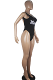 Black Sexy Polyester Letter Sleeveless Round Neck One Piece Swimsuits SDD9277