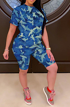 Blue Casual Camo Short Sleeve Round Neck Tee Top Shorts Sets YM1116