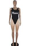 Black Sexy Polyester Letter Sleeveless Round Neck One Piece Swimsuits SDD9277