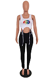Black Casual Mouth Graphic Sleeveless Square Neck Self Belted Tank Top Long Pants Sets YM0668