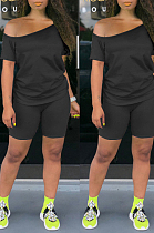 Black Casual Cotton Short Sleeve Tee Top Shorts Sets K8909