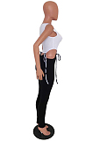 Blue Casual Mouth Graphic Sleeveless Square Neck Self Belted Tank Top Long Pants Sets YM0668