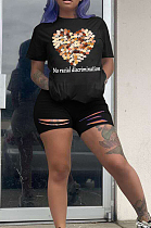 Black Casual Polyester Heart Graphic Short Sleeve Round Neck Ripped Tee Top Shorts Sets XUY9025