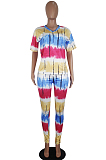 Blue Yellow Casual Polyester Tie Dye Short Sleeve Round Neck Tee Top Long Pants Sets SDD9280
