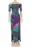 Purple Casual Cotton Tie Dye Short Sleeve Split Hem High Waist Long Dress K8901