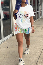 White Casual Polyester Short Sleeve Round Neck Tee Top Shorts Sets SDD9279