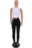 Black Casual Mouth Graphic Sleeveless Square Neck Self Belted Tank Top Long Pants Sets YM0668