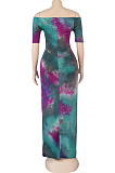 Purple Casual Cotton Tie Dye Short Sleeve Split Hem High Waist Long Dress K8901