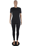 Black Casual Polyester Short Sleeve Round Neck Tee Top Long Pants Sets SDD9276