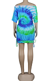 Yellow Casual Polyester Tie Dye Short Sleeve Knotted Strap Ruffle Mini Dress K8889